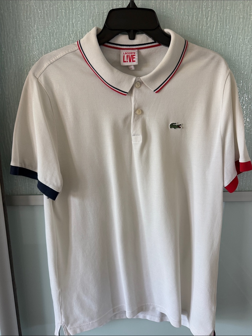 Lacoste White Polo with Red & Navy TrimSz XL